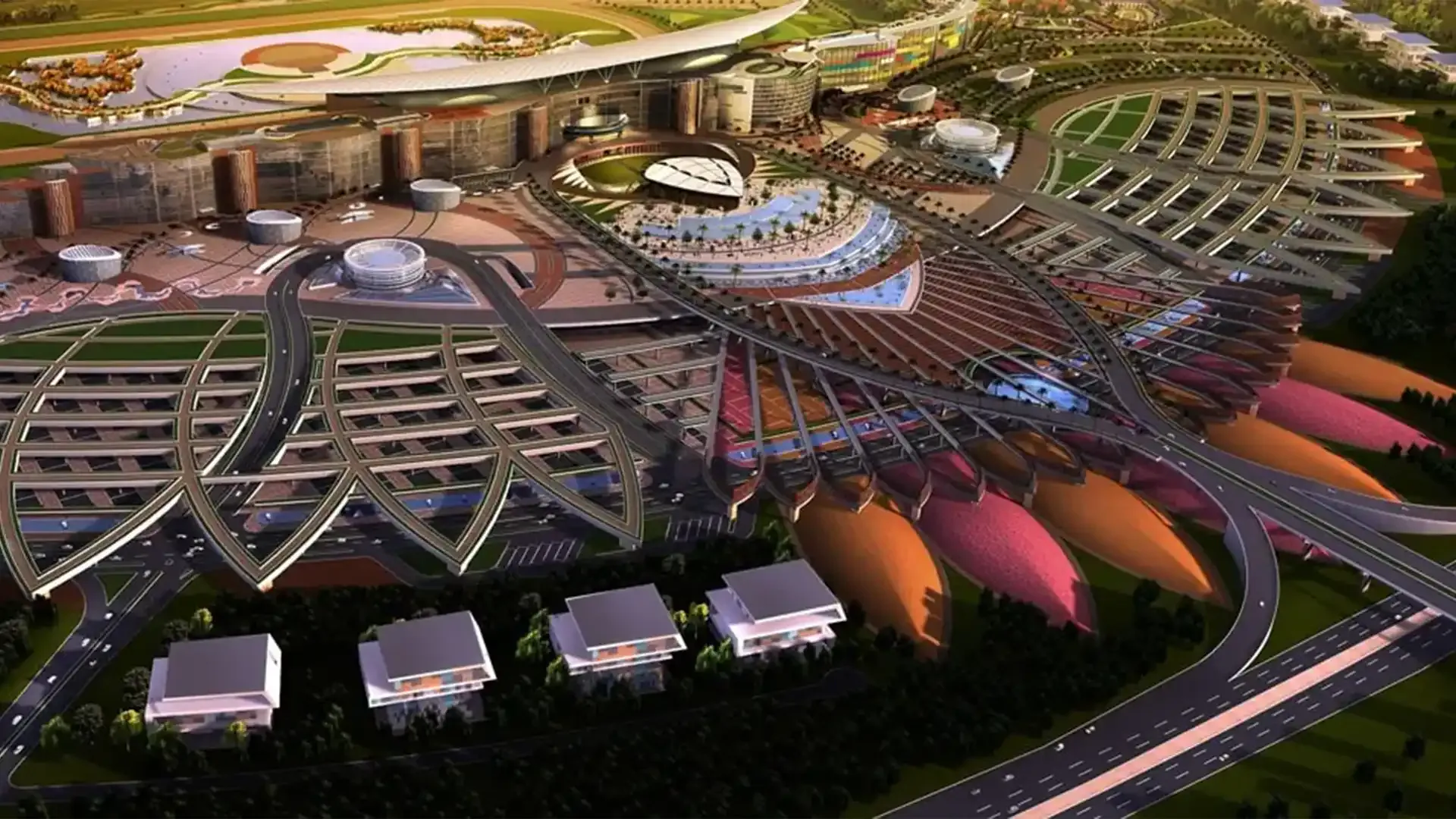 Aerial view of the Meydan complex in Dubai, host district of Meydan Free Zone.